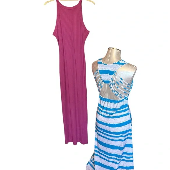 Bundle 2 knit long dresses- Hippie Rose Pink And Blue&white Strappy back Dress - Picture 1 of 15
